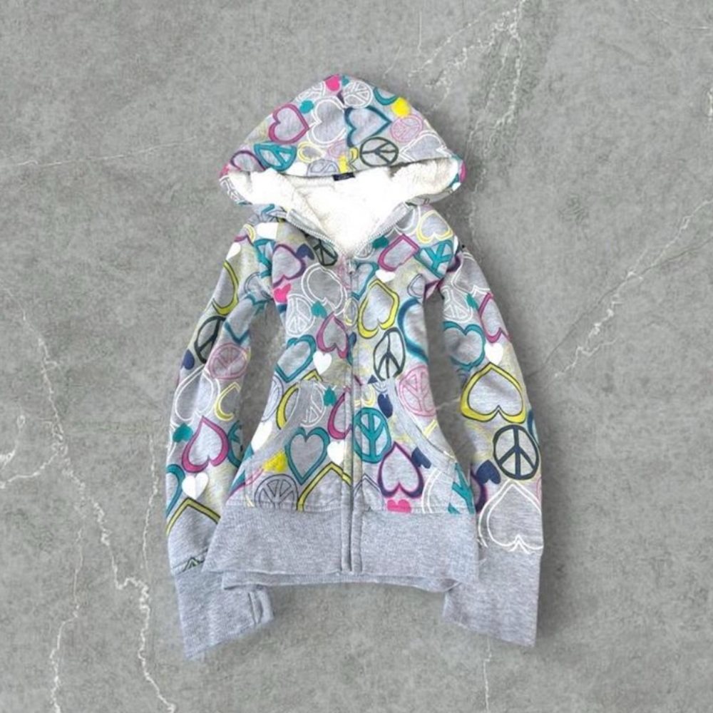 Grey kids hoodie with multi-colored hearts and peace signs